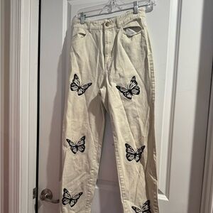 SHEIN Cream Pants with Black Butterflies Size XS